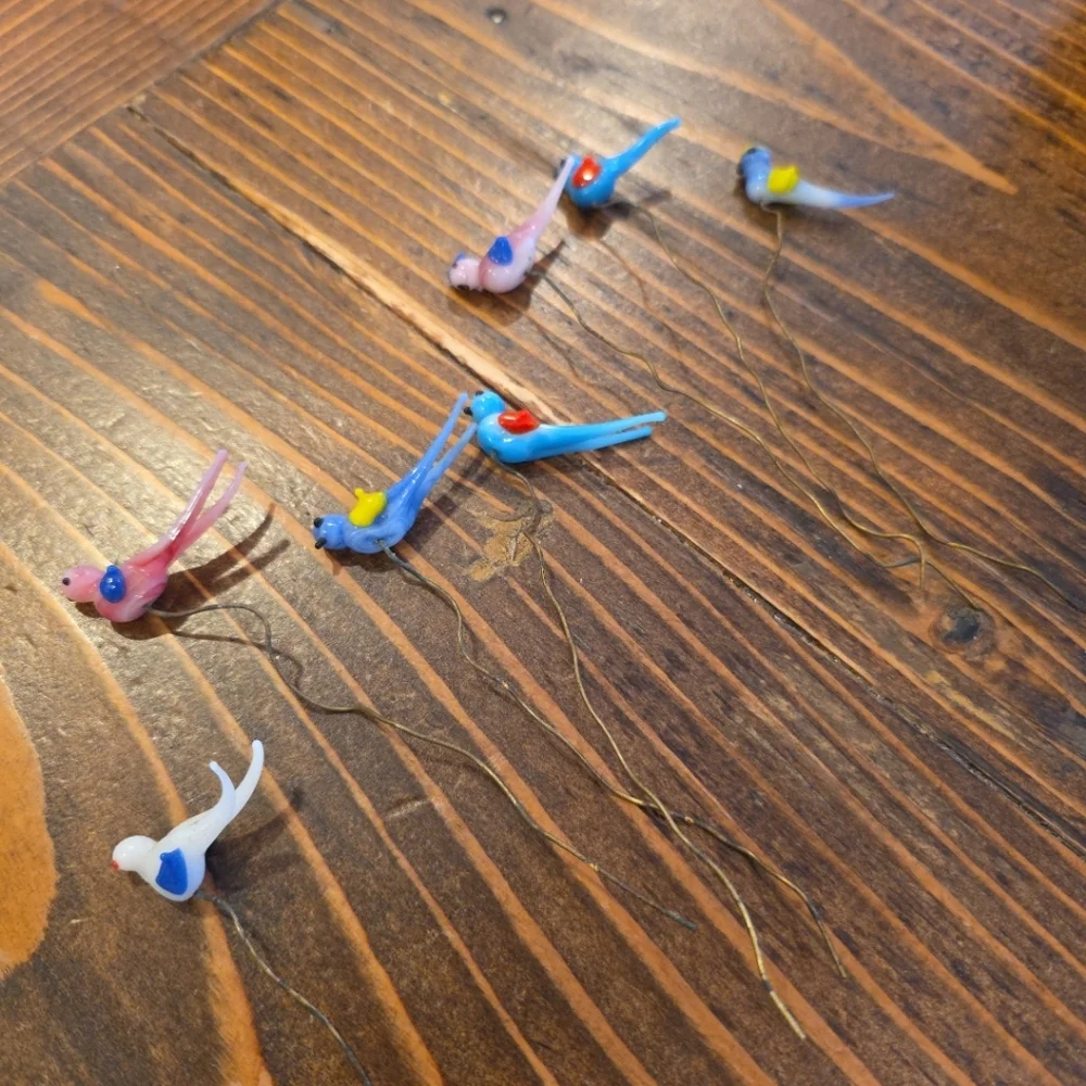 7 VTG Italian MCM Murano Glass Birds on Wire Hat Pin Plant Colorful Rare Pieces